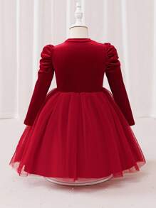 Glamorique Kids 幼女珍珠串珠泡泡袖天鵝絨網紗拼接洋裝，兒童秋冬優雅公主舞會禮服，節日派對穿搭 - 紅色 - 查看 2