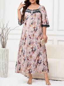 Al Najma Vestido árabe de talla grande para mujer, de estilo casual y suelto, con parches de encaje y mangas tres cuartos - Multicolor - Ver 6