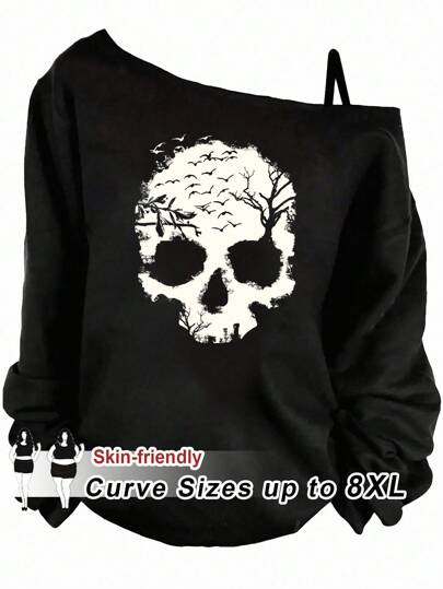 SHEIN CURVE+ Casual Minimalist Plus Size One Shoulder Long Sleeve T-Shirt,Fall Clothes For Women/Autumn /Winter Halloween