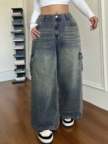 Dripcurv Plus Size Casual Loose Straight Leg Jeans, Blue Baggy Jeans Y2k Two Piece Denim Set Low Rise Jeans Cargo Jeans Wide Leg Jeans - Dark Wash - View 5