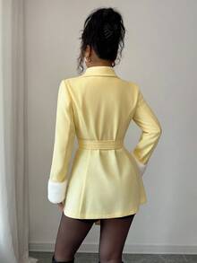 Elenzga Women's Asymmetric Collar Design With Fur Cuff, Cinched Waist Waist Elegant Overcoat For Daily Commute - Yellow - View 2