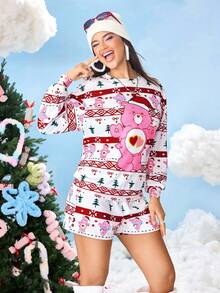 SHEIN X Care Bears 2pcs Women Christmas Cartoon Cute Bear Print Long Sleeve Top And Shorts Set Autumn Winter - Red - View 5