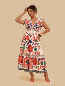 SHEIN VCAY Robe maxi à manches volantées avec imprimé floral tropical, col en V et lien à la taille, pour grandes tailles. Convient pour les vacances, les fêtes, la rentrée, les sorties, le printemps/été/automne - Multicolore - Voir 3