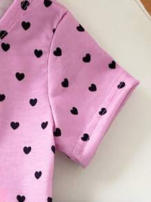 SHEIN Playful Pals 2 件套女婴休闲可爱字母和波尔卡圆点图案圆领短袖 T 恤和牛仔短裤套装，夏季 - 粉色 - 查看 5