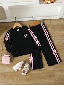 2件套女童套头抽绳长袖蝴蝶结卫衣和阔腿裤套装，春秋季女童运动套装，女童运动服套装，女童运动套装，女童慢跑套装，秋冬季 - 黑色 - 查看 8