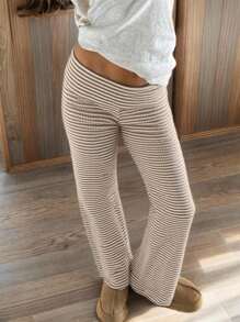 SHEIN EZwear Winter Clothes For Women, Clean Girl Winter Home Casual Kaluli Style Retro Striped Double Waist High Elastic Low Waist Wide Leg Pants - Khaki - View 1