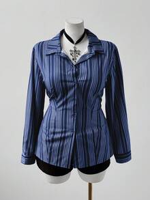 Sunspun 加大码条纹长袖修身棕色休闲衬衫，适合学校、工作、优雅场合和派对 - 藍色 - 查看 3