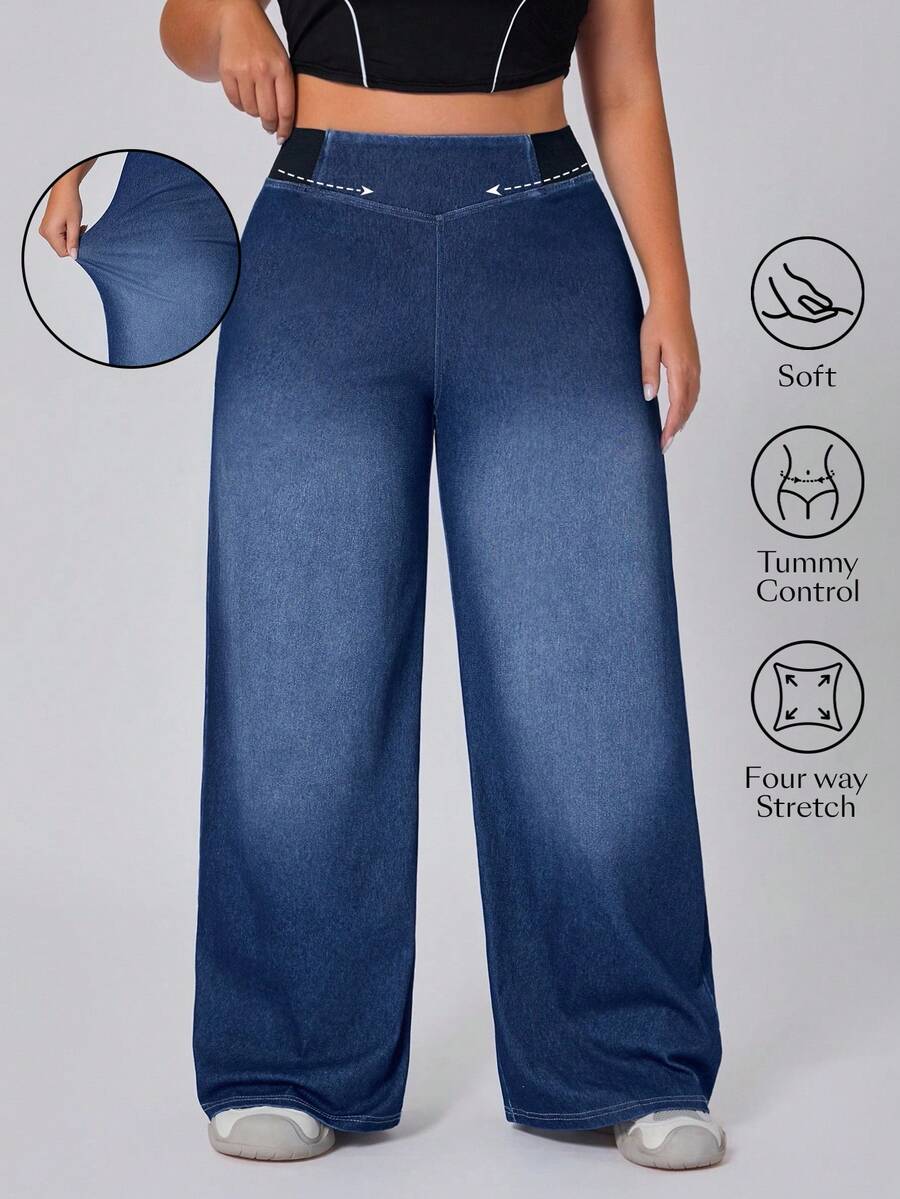 Flexra Plus Size Casual Washed High Waist Wide Leg Jeans - Dark Wash - View 1