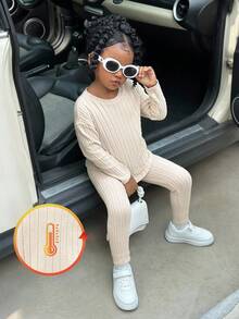 Set de 2 piezas Camiseta de punto acanalado de hombros caídos de unicolor y leggings pitillo de tela texturizada a juego para niña (se venden 2 sets por separado), ropa de niña para otoño/invierno