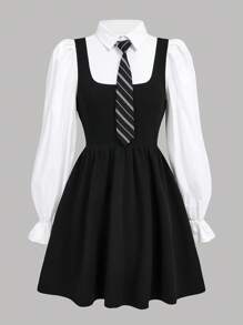 Girlism 2 件套青少年女孩梭织领泡泡袖衬衫和吊带裙，含领带，返校季 - 黑與白 - 查看 3