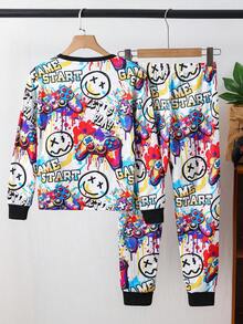SHEIN 2pcs Kids/Tween Boys' Casual Everyday Comfortable Video Game Graphic Print Crew Neck Sweatshirt And Leggings 2 Pieces Outfit Set Halloween S Leggings Pull Pjs Automne Pyjama Set Snug Fit Fall Winter - Multicolor - View 2