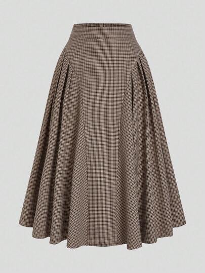 Sweetra 加大码卡其色优雅格子 A 字裙