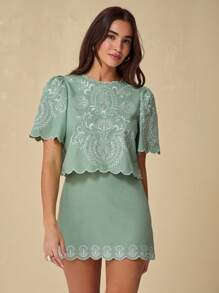 Enchnt 夏季休闲刺绣泡泡袖上衣和裙子两件套