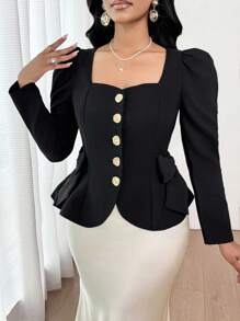 SHEIN Lady Women's Elegant Commuter Urban Puff Sleeves Sweetheart Collar Metal Trim Buckle Cinched Waist Tie Embellished Bow A Hem Blazer Solid Color To Wear In All Seasons Teacher Outfits For Women Business Casual Woman Office Outfits For Women Going Out Tops Western Wear Women In Fall/Winter - Black - View 2