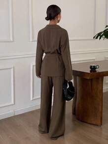 Livesso 秋冬新款宽松休闲蝴蝶结西装两件套女式家居服套装 - 咖啡棕 - 查看 2