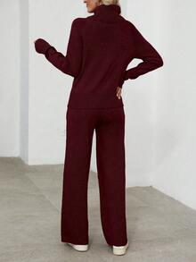 SHEIN Tall 女款休閒舒適高領毛衣與寬腿褲兩件套，純色酒紅色，長袖針織秋冬女裝，適合高個子女性 - 酒紅色 - 查看 2