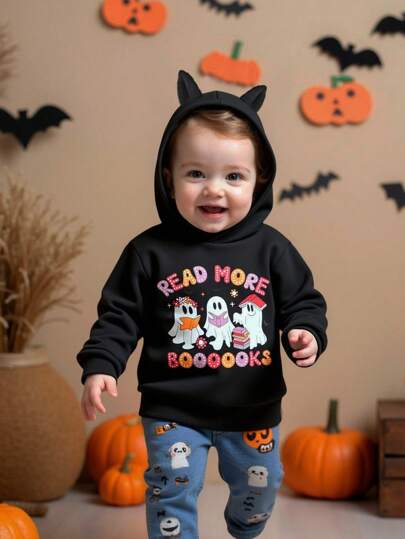 SHEIN Halloween Pumpkins Bat Graphic Ghost Baby Girls' Halloween Ghost & Letter Graphic Hooded Sweatshirt   Cute & Comfortable Home Wear Halloween Vampire Halloween Party Spider Graphic Hoddie With Horns Fall Winter