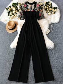 EMERY ROSE Bộ đồ liền thân tay ngắn họa tiết hoa cổ chữ V cỡ lớn thanh lịch cho đi làm và đi chơi - màu đen - Xem 2