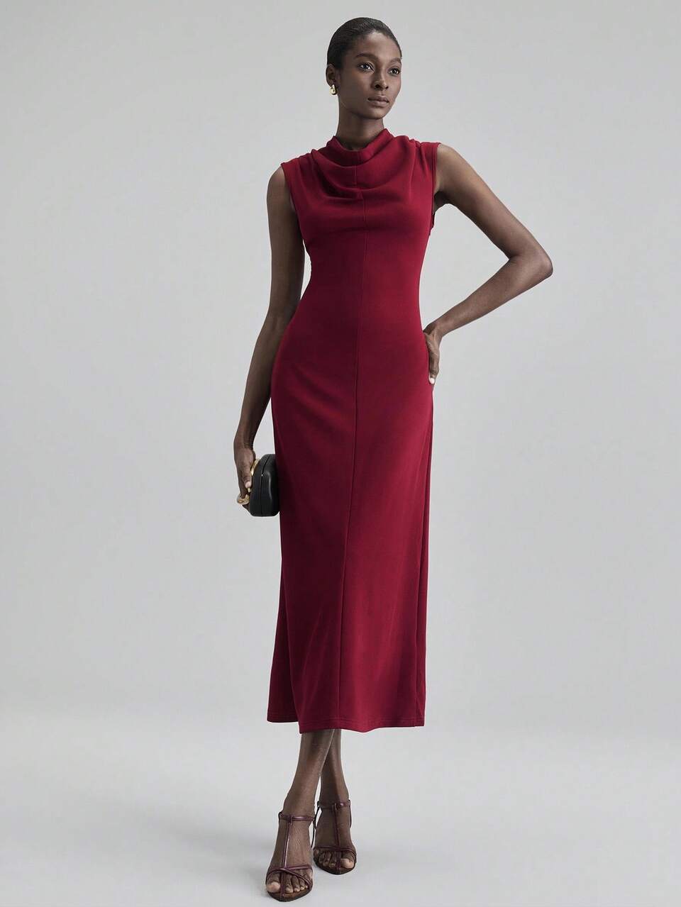 Women's Elegant Burgundy Summer Long Dress,Draped Neck Sleeveless Slit Minimalist Urban Style,Business Casual Office Dining Commuter Wear Clothing