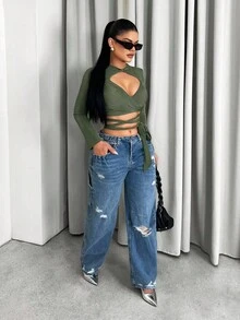 Sirith 女式纯色长袖系带镂空短款性感修身衬衫 - 墨綠色 - 查看 5