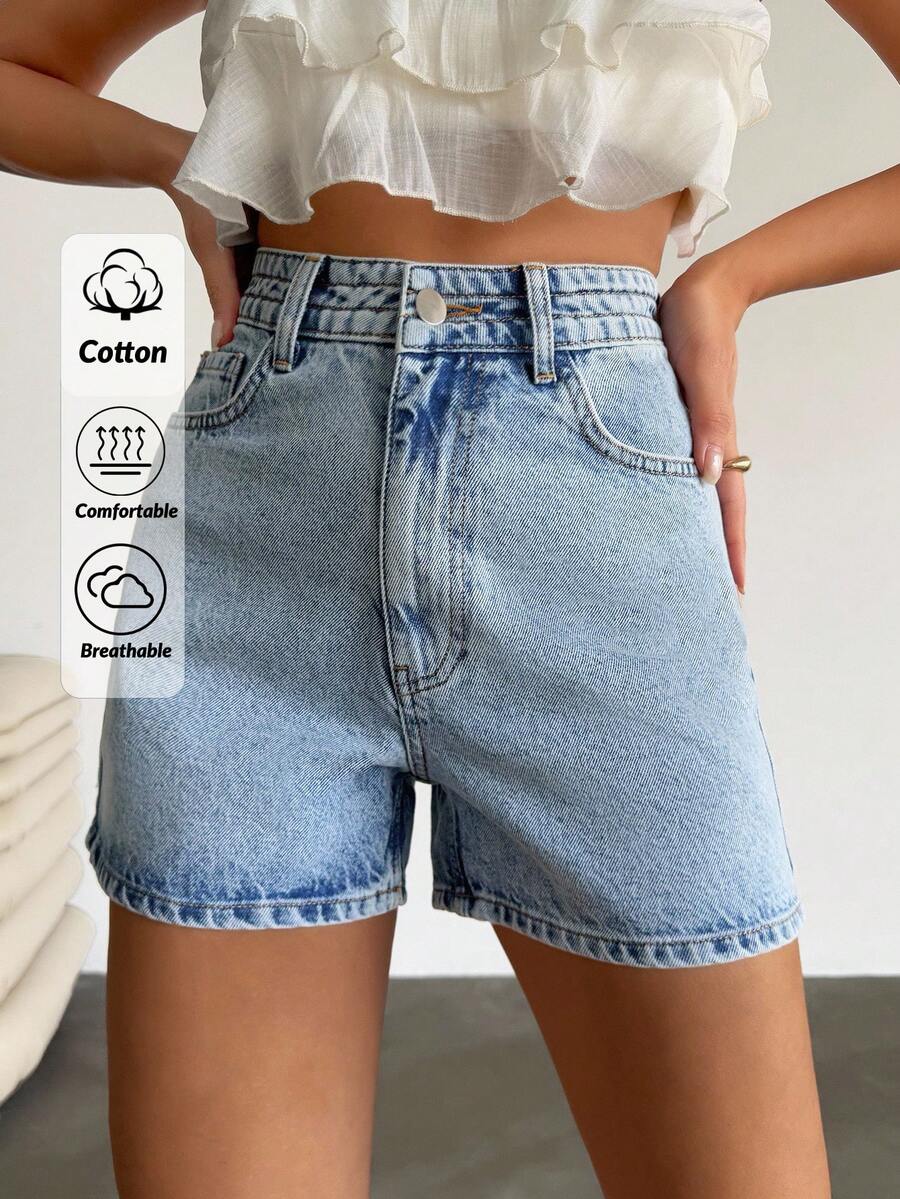 EURMUSE High Waist Rigid Bet Detailed Denim Short - Light Wash - View 1