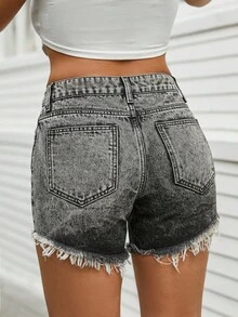 SHEIN Cottnline Shorts de mezclilla con dobladillo crudo rasgado - Gris - Ver 2