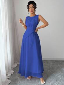 Elenzga 女士休闲优雅雪纺长裙，浪漫复古风格，适合海滩、下午茶、派对、婚礼、通勤，无袖，抽绳腰部，褶皱背部，有衬里，春夏季 - 寶藍色 - 查看 4