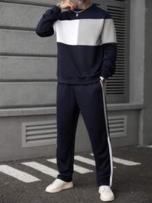 Manfinity Homme 男士撞色圆领长袖休闲运动衫和运动裤套装男士两件套运动服男士运动服套装男士慢跑服男士运动服套装休闲两件套男士秋季服装 - 彩色 - 查看 6