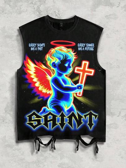 Street Life Ice Hockey Graphic Print Sleeveless Crew Neck T-Shirt Top With Distressed Design For Men