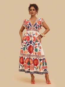 SHEIN VCAY Robe maxi à manches volantées avec imprimé floral tropical, col en V et lien à la taille, pour grandes tailles. Convient pour les vacances, les fêtes, la rentrée, les sorties, le printemps/été/automne - Multicolore - Voir 7