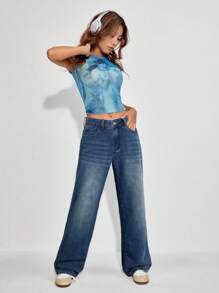 SHEIN EZwear 女士休闲直筒纽扣口袋牛仔裤，百搭日常穿着 - 藍色 - 查看 4