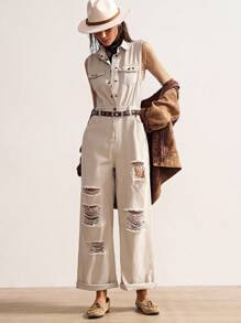 Bohemela BOHO Vintage Casual Solid Color Ripped Woven Sleeveless Jumpsuit For Women - Apricot - View 2
