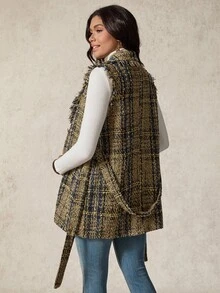 Boho Mama 孕妇格子翻领双排扣无袖优雅常规外套 - 棕色 - 查看 2