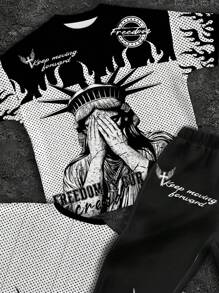 SHEIN 青少年男孩圆领 T 恤和喇叭裤休闲两件套，适合夏季 - 彩色 - 查看 3