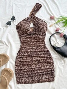 Soleia 女士性感度假不对称褶皱紧身迷你连衣裙，适合派对、圣诞节、约会、夜总会、海滩、游轮、下午茶、波西米亚风、波西米亚风、度假、秋季 - 棕色 - 查看 4