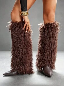 CUCCOO SZL 全新欧美时尚女式仿皮毛细高跟中筒/及膝靴 - 咖啡棕 - 查看 8