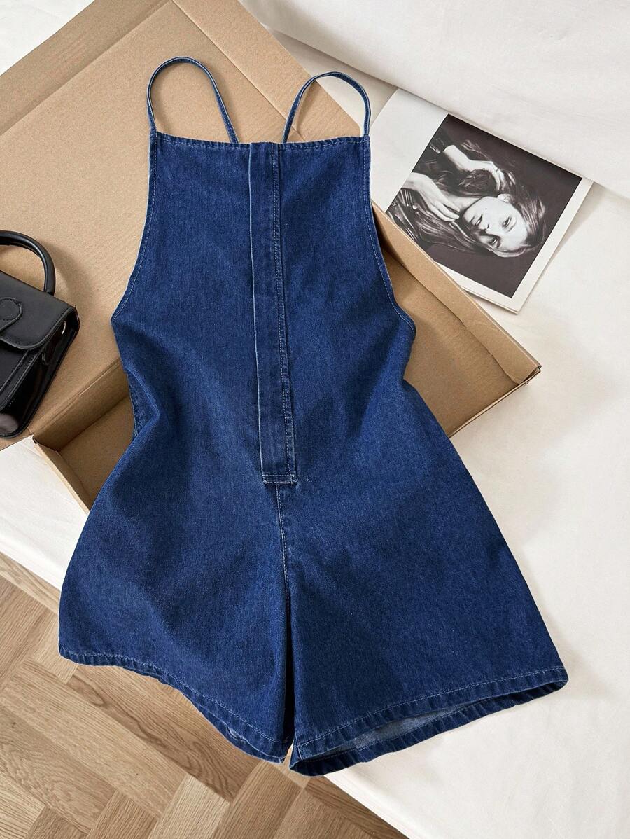 Comfortcana Women's Backless Denim Bib Shorts Denim Romper Women Rompers Denim Jumpsuit Casual Romper One Piece Romper