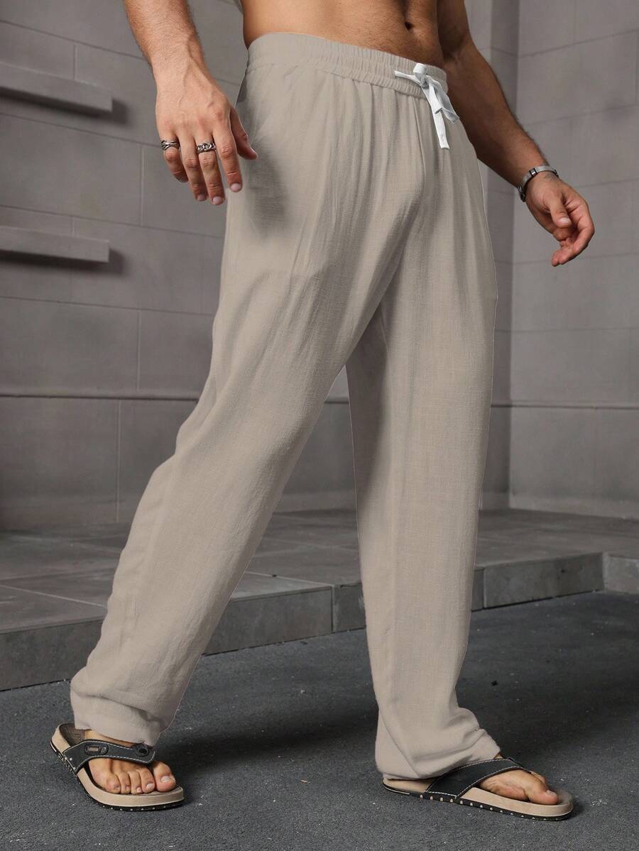 Manfinity RSRT Pantalones de lino con cintura elástica para hombre, otoño - Caqui - Ver 1