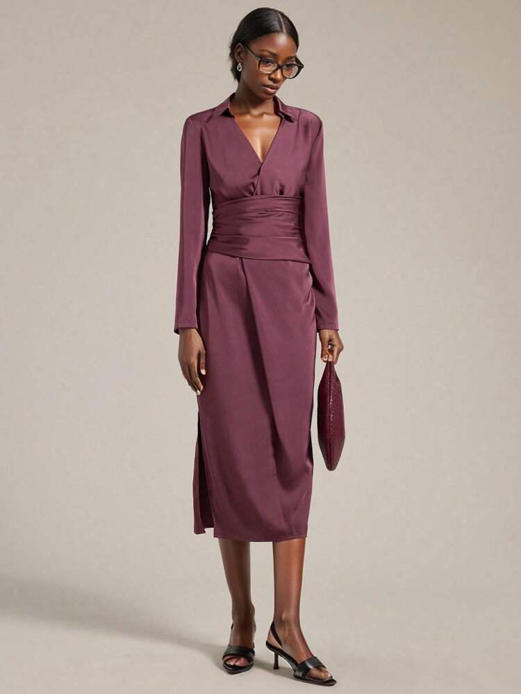 Women's Dark Purple Satin Midi Dress,Long Sleeve V-Neck Wrap Dress,Elegant Autumn Dining Outfit,Minimalist Loose Fit Business Casual Office Wear