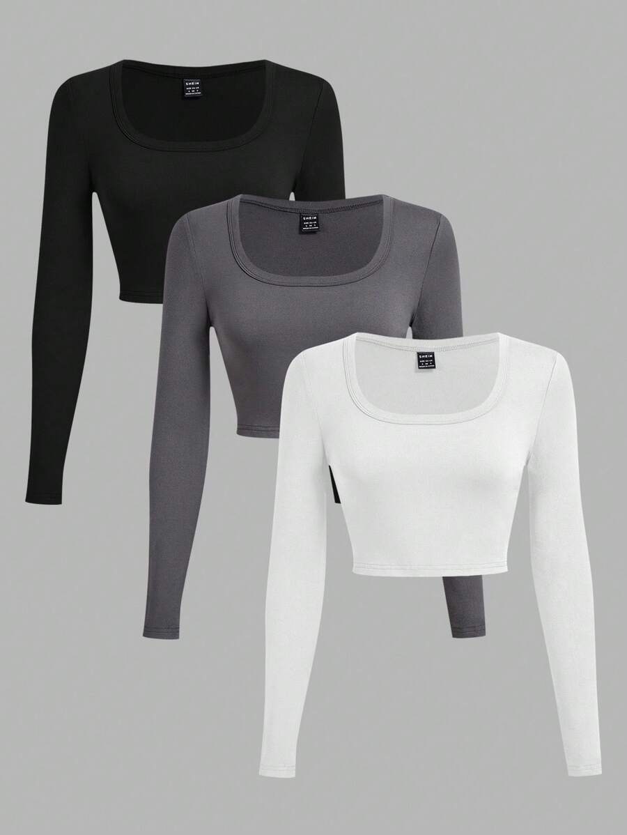 SHEIN EZwear 3 件套休闲简约 U 领长袖短款上衣 T 恤,百搭适合春秋季节 - 彩色 - 查看 1