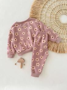 Loomiva 2pcs Baby Girl Floral Print Knit Soft Crew Neck Long Sleeve Sweatshirt And Elastic Waist Pants Set Flower Two Piece Set Toddler Baby Flower Outfit Fall Winter - Pink - View 2