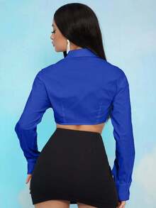 EURMUSE Fashionable Commuter Solid Color Long Sleeve Super Short Shirt - Royal Blue - View 2