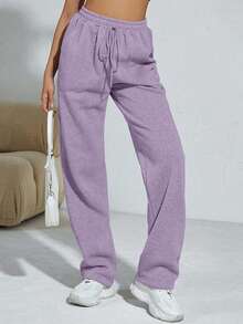 SHEIN Cottnline Women's Casual Solid Color Straight Leg Sweatpants - Lilac Purple - View 3