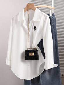 SHEIN Camisa holgada versátil y casual de estilo universitario para niñas preadolescentes, temporada de vuelta a clases