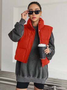 SHEIN Cottnline جاكيت صدرية كاجوال للنساء بجيب أمامي وسحاب، للشتاء - البرتقالي مرهق - مشاهدة 3