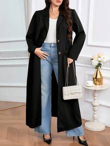 Modelyn 大码纯色翻领插肩袖时尚百搭单排扣夹克 - 黑色 - 查看 2