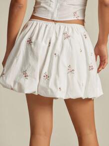 WESTFADE 花卉刺绣高腰泡泡下摆 100% 纯棉迷你裙 休闲、可爱、秋季、秋冬、波西米亚风、西部风女装，适合纳什维尔乡村音乐会 - 白色 - 查看 2