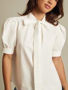 WESTFADE White,Summer,Elegant,Office 100% Cotton Poplin Bow Tie Neck Puff Sleeve Dolphin Hem Button Up Cute Top Autumn,Winter,Nashville Country Concert,Boho - White - View 3