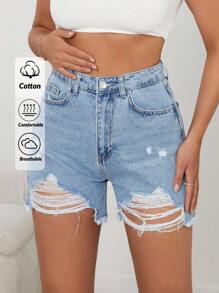 EURMUSE Women's Ripped Denim Shorts - Light Wash - View 1