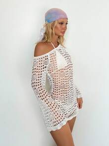 SHEIN ICON 时尚性感纯色透视镂空针织连衣裙白色钩针连衣裙白色网纱连衣裙透视连衣裙镂空连衣裙秋冬女装 - 白色 - 查看 5